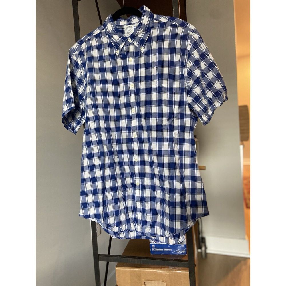 Brooks Brothers Regent Shirt Large Plaid Short Sleeve Button Down Blue White